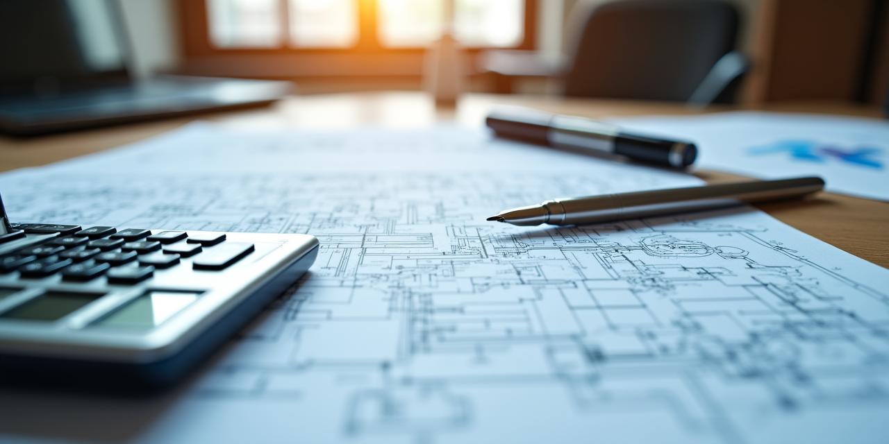 Architectural blueprint with a golden calculator and pen representing fee structures