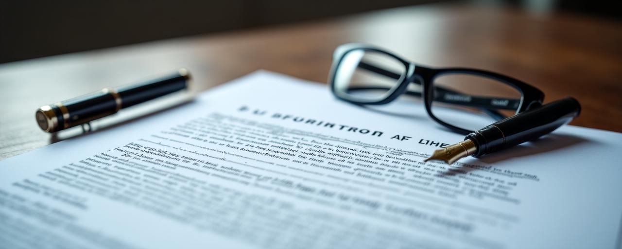 Close up of a legal contract with a pair of signature glasses on a wooden desk
